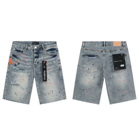 Light Blue Washed Denim Shorts with Multicolor Paint Splatter and Knee Distressing